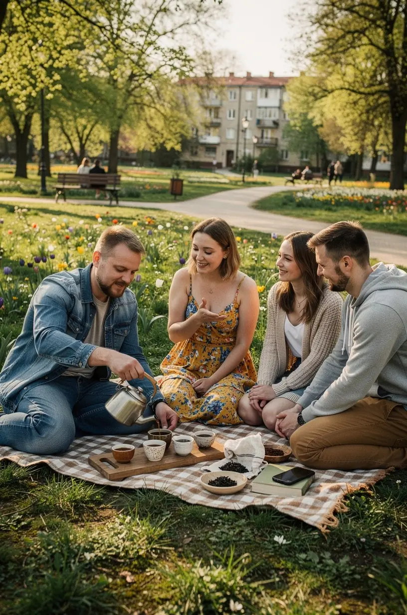 Ramus biuras su arbatos puodeliu ir užrašų knygele ramiai arbatos pertraukai.