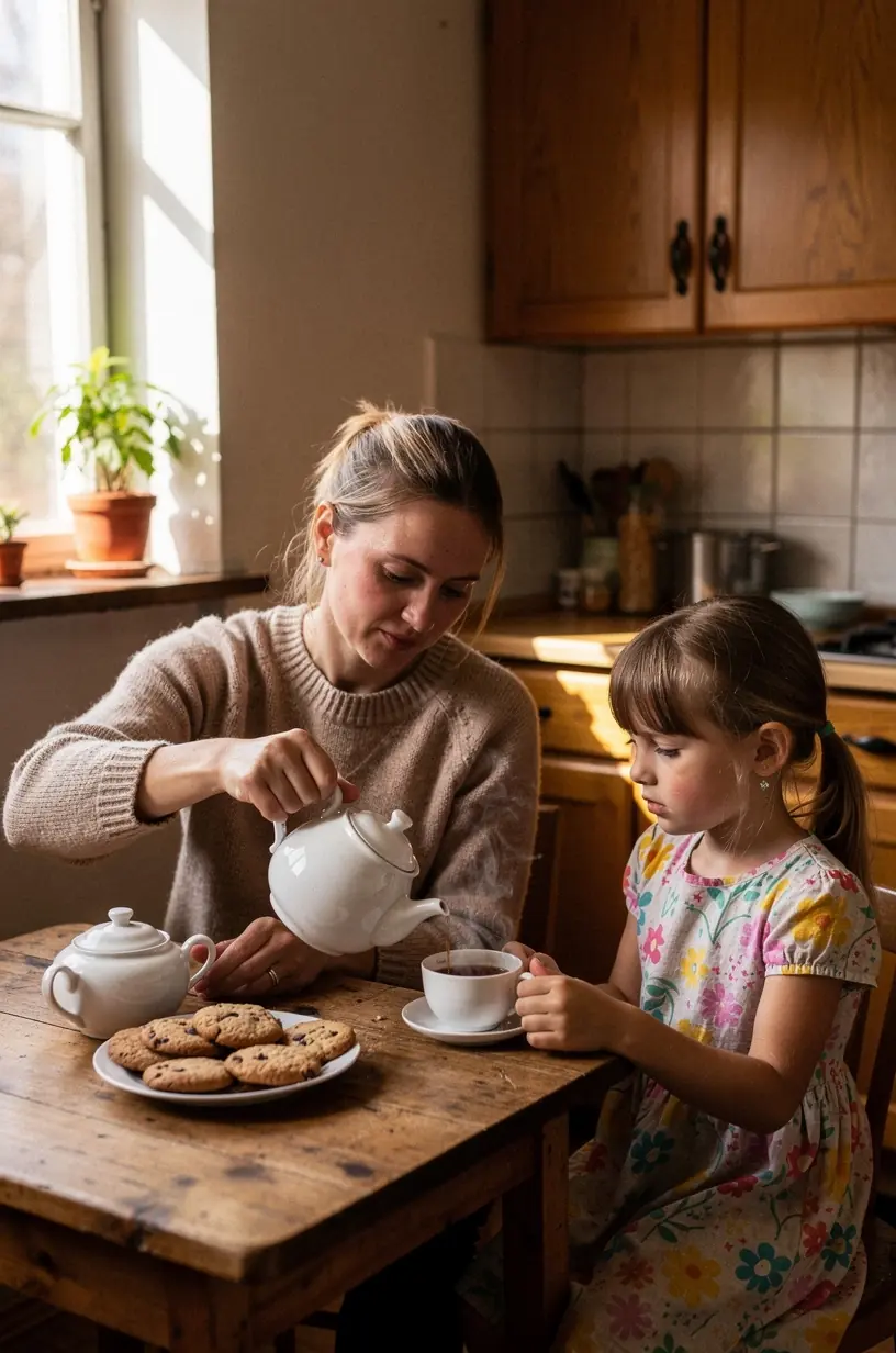 Stilingas arbatos puodelis ant medinio stalo, šalia atviros dienoraščio knygos su įrašais.