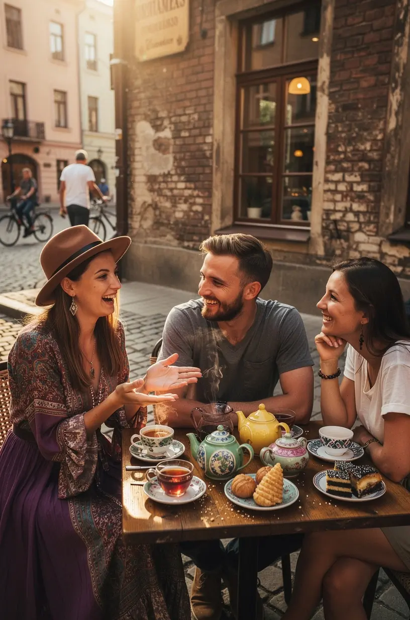 Žmogaus ranka rašo arbatos pertraukų žurnale, fone matosi švelni arbatos garų dūmų aura.